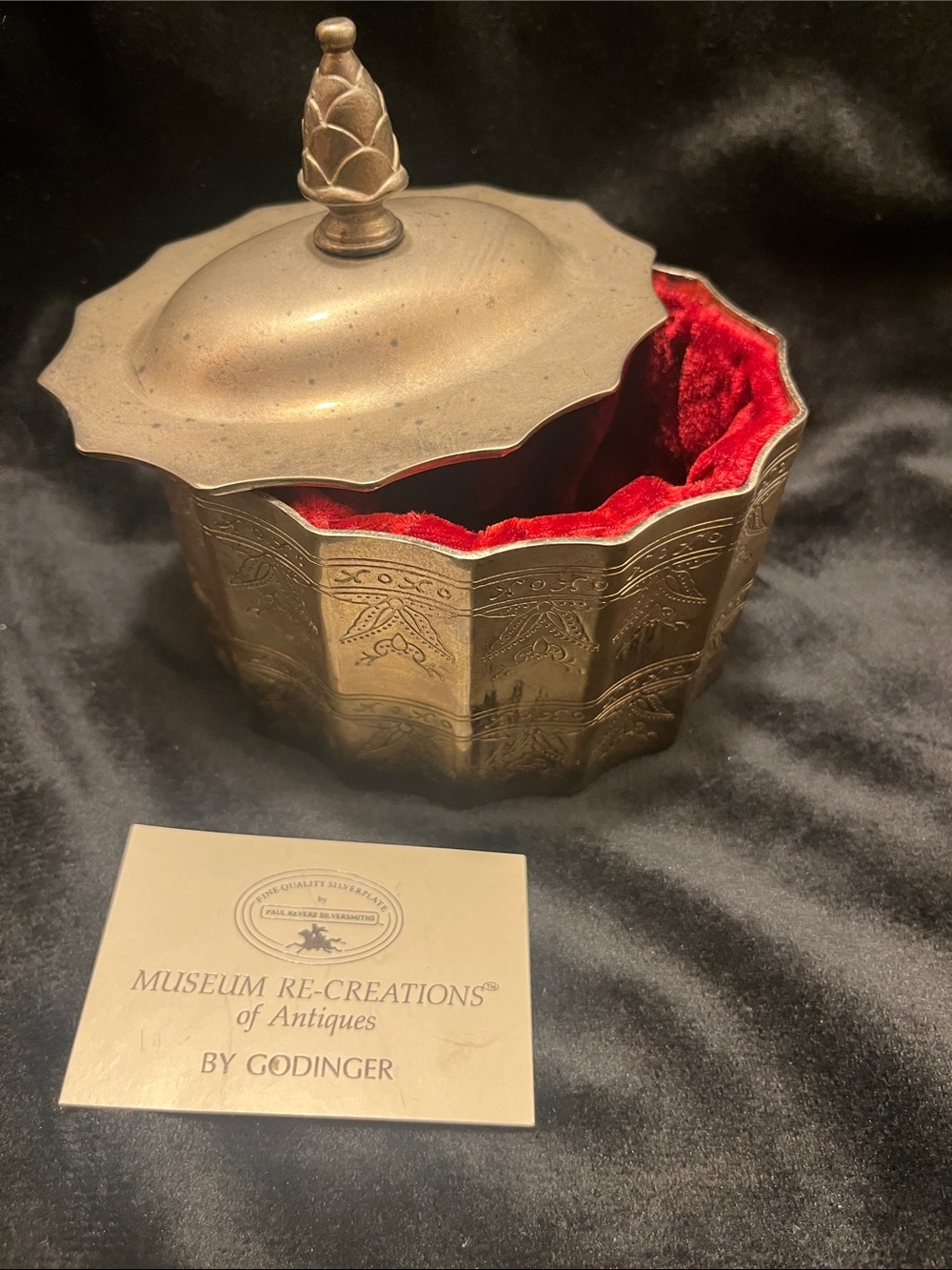 Vintage 1991 Godinger Brass Trinket Box with Red Velvet Interior